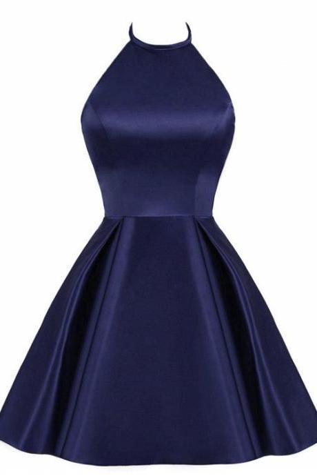 Navy Blue Cute Evening Dress Halter Satin Short Homecoming Dress Prom Dress Party Dress Ss455