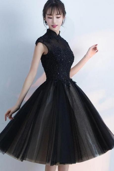 Black Tulle Hand Made Custom Homecoming Dress With High Neckline Short Evening Party Dress Prom Dress Ss456