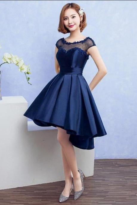 Hand Made Navy Blue Satin Homecoming Dress With Lace Appliques Short Evening Party Dress Prom Dress Ss467