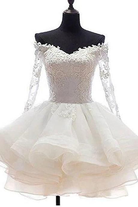 White Or Ivory Off Shoulder Long Sleeve Short Organza With Lace Top Graduation Dress Wedding Party Dress Ss468