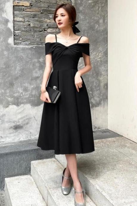 Black Off Shoulder Tea Length Hand Made Formal Occasion Party Dress Prom Dress Homecoming Dress Ss469