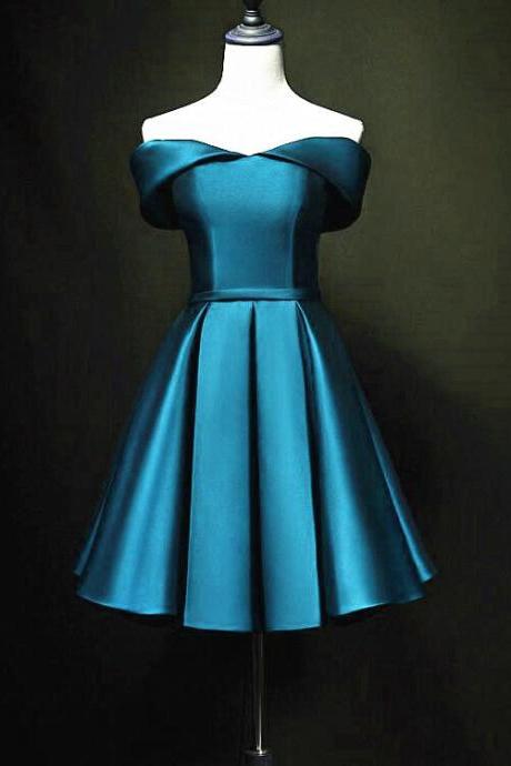 Blue Satin Cute Knee Length Hand Made Cutom Size Short Prom Dress Homecoming Dress Off Shoulder Formal Dress Ss472