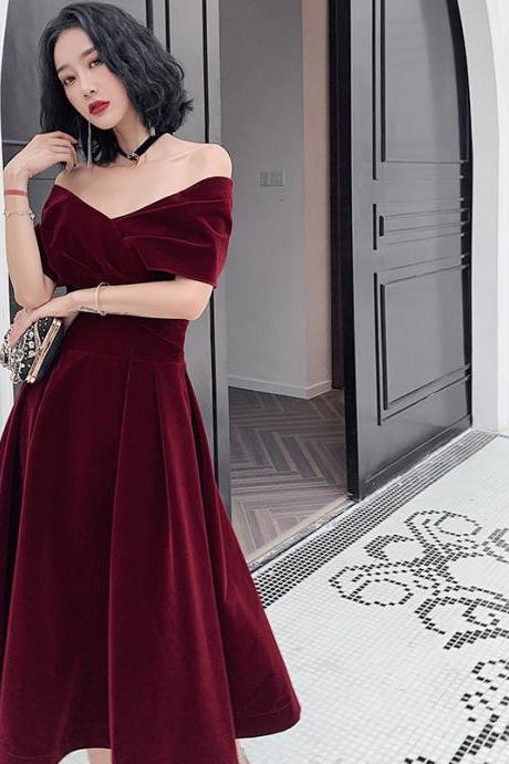 Wine Red Velvet Off Shoulder Tea Length Evening Dresses Prom Dress Ss473