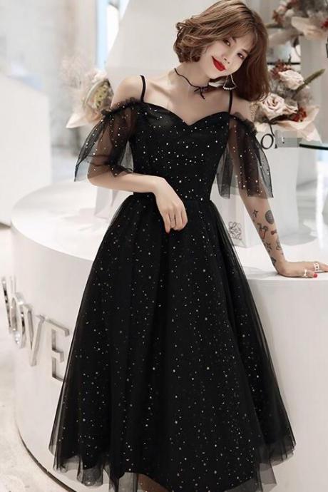 Hand Made Shiny Black Off Shoulder Tea Length Evening Party Dress Prom Dress Black Homecoming Dresses Ss474