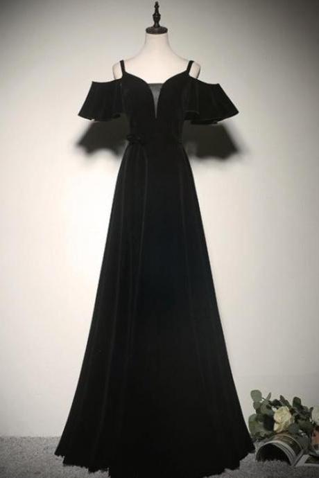 Black Off Shoulder Velvet Long A-line Formal Dress Floor Length Prom Dress Evening Dress Ss476