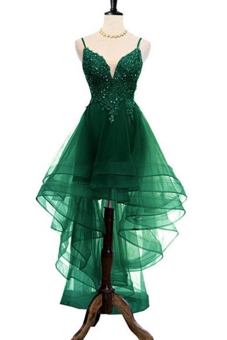 Dark Green High Low Evening Party Dress Prom Dress V Neck Straps Homecoming Dress SS478