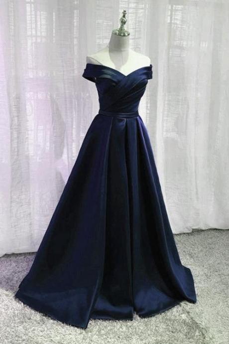 Hand Made Navy Blue Satin Off Shoulder Full Length Evening Dress Prom Dress Formal Dresses Ss479