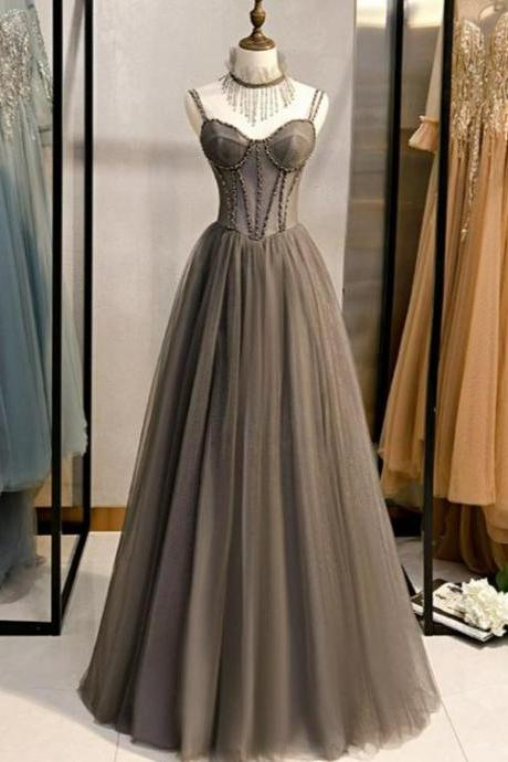 Glam Grey Beaded Tulle Long Evening Dress A-line Straps Prom Formal Dresses Ss487