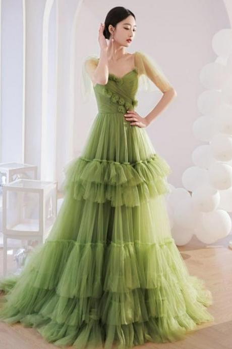 Hand Made Light Green Layers Tulle Sweetheart Long Formal Occasion Prom Dresses Wedding Party Dresses SS489