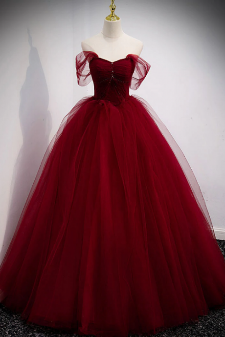 Hand Made Wine Red Tulle Ball Gown Long Prom Dress Formal Evening Dress Burgundy Sweet 16 Dresses Ss490
