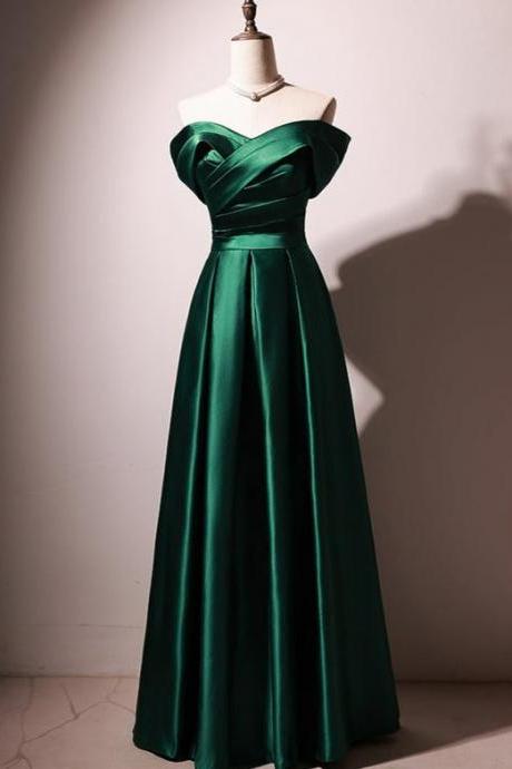 Green Satin A-line Off Shoulder Hand Made Prom Dresses Evening Dress Party Dresses Ss499