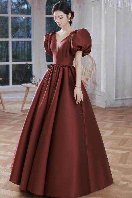 Burgundy V Neck Hand Made Custom Satin Long Prom Gown A Line Formal Evening Gown Ss500