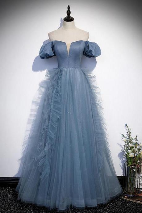 Blue Satin Tulle Long Prom Dress Full Length Evening Dress Hand Made Custom Ss501