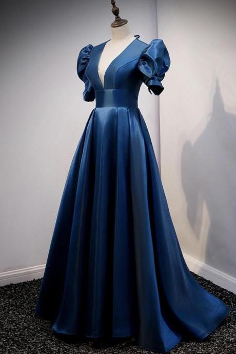 Fashion Blue Satin Long Prom Dress A Line Custom Hand Made Evening Gown Ss502
