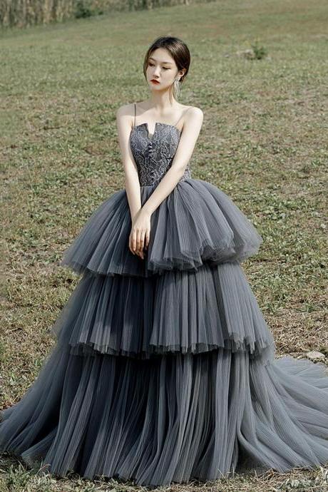 Hand Made Gray Tulle Lace Long Ball Gown Prom Dress Formal Evening Dress Ss503