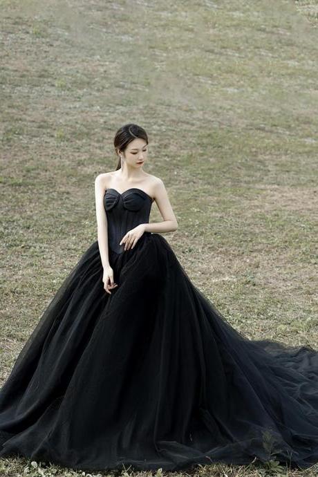 Black Strapless Full Length Tulle Long Ball Gown Dress Tith Train Evening Gown Ss504