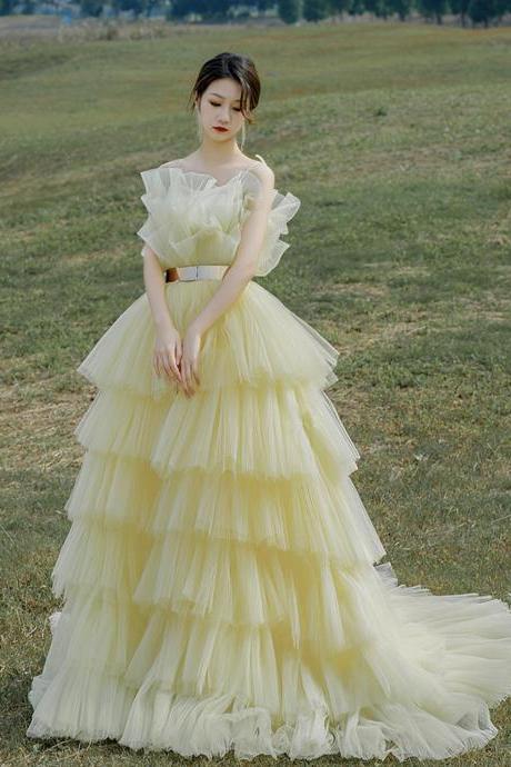Yellow Strapless Full Length Tulle Long Ball Gown Dress A Line Evening Gown Custom Size Ss505