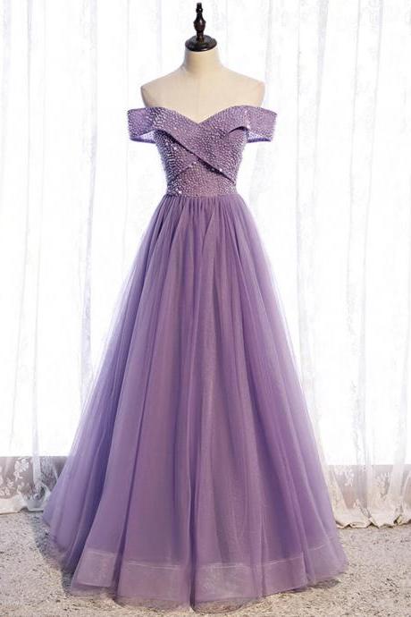 Hand Made Purple Tulle Beads Long A Line Prom Dress Evening Dress Ss506