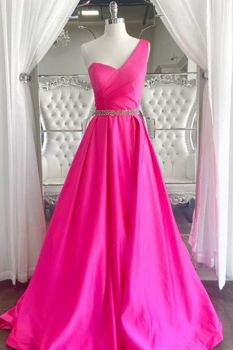 One Shoulder Open Back Custom Made Pink Long Prom Dresses With Belt Formal Dresses Evening Dresses Ss510