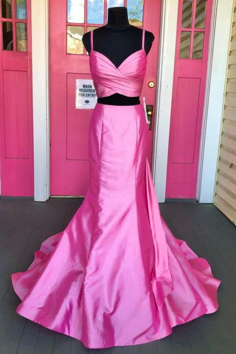 Hand Made Two Piece Trumpet Pink Prom Dress Evening Dress Ss513