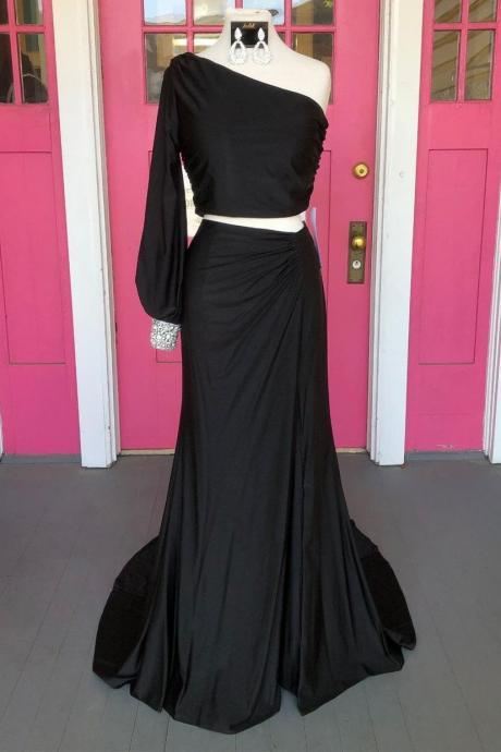 Hand Made One Shoulder Black Long Dress Two Piece Prom Dress Evening Ss515
