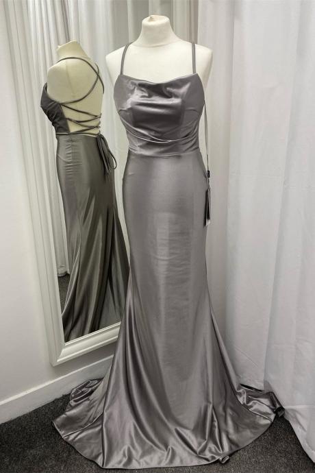 Grey Satin Backless Long Prom Dress Evening Dress Ss518