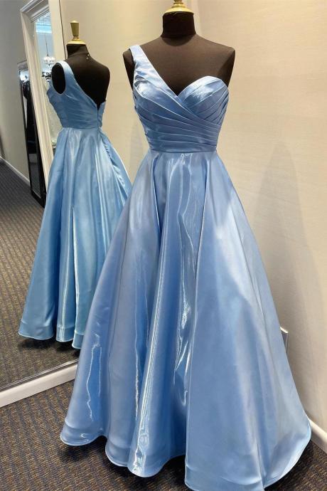 Blue One Shoulder Sky Blue Long Prom Dress With Pleated Bodice Evening Dress Ss520