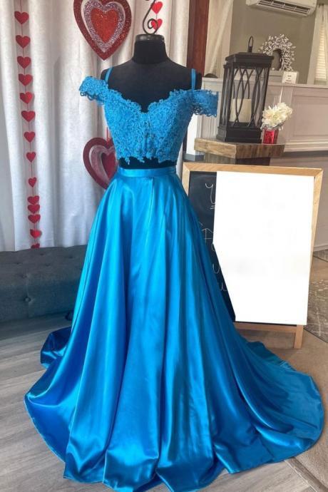 Blue Two Pieces Lace Satin Long Prom Dress Evening Dress Formal Dress Ss521