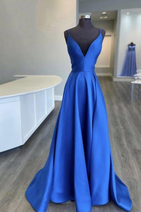 Blue V Neck Satin Long Prom Dress Bridesmaid Dress Evening Dress Ss522