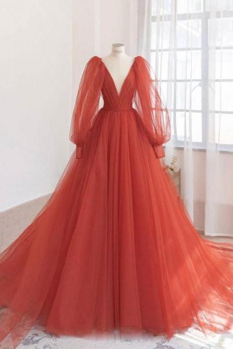 New Orange v neck tulle long prom dress evening dress SS526