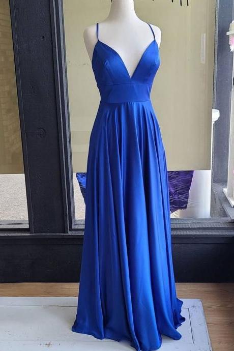 Simple blue V Neck satin long prom dress evening dress SS528