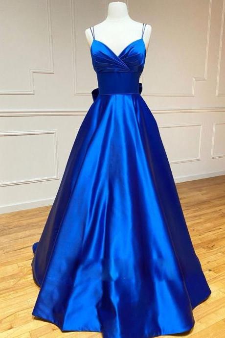 Full Length Blue v neck satin long prom dress evening dress SS529