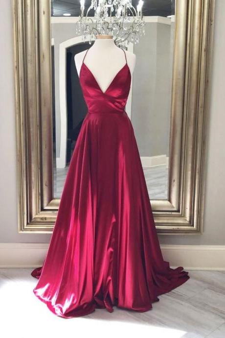 Simple red v neck Hand Made New satin long prom dress evening dress SS532