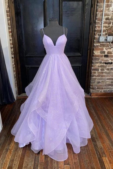 Purple tulle long prom dress Strap A line evening gown SS533