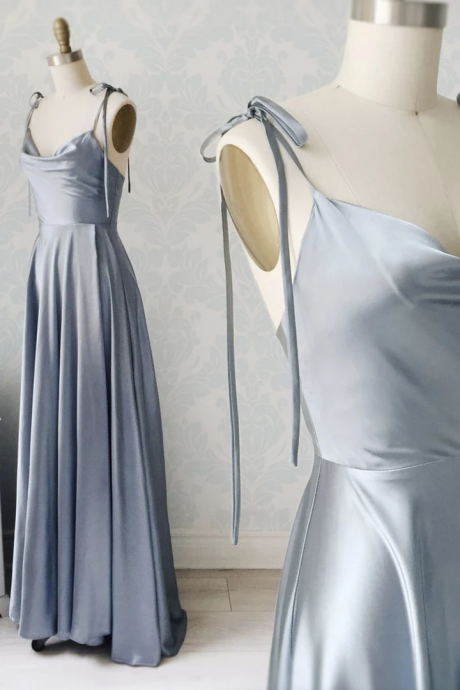 Blue Simple satin long prom dress A line evening dress SS538