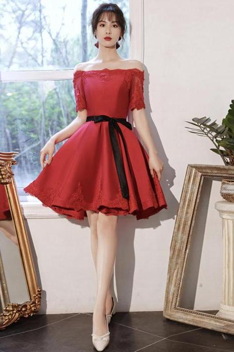 Red satin lace short Evening Dress prom dress red homecoming dress SS539