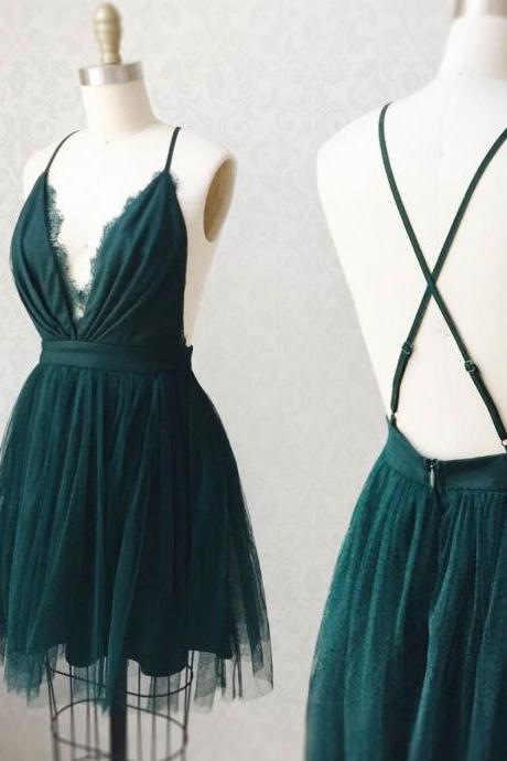 Green tulle lace short Evening prom dress tulle homecoming dress SS541