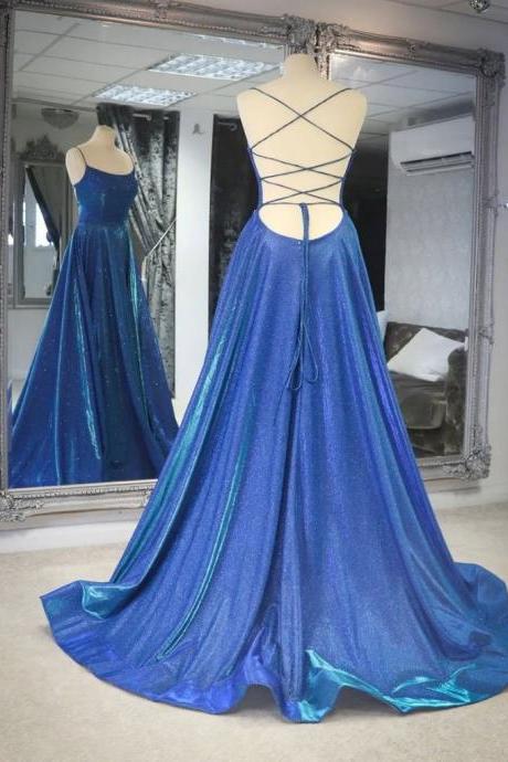 Blue Shiny Backless Blue Prom Dresses Open Back Long Formal Evening Dresses SS543