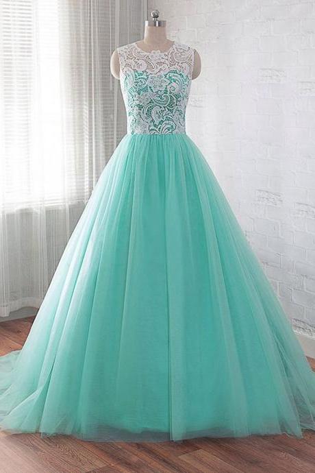 Green Prom Dress Evening Dress with Lace Top and A Line Skirt For Teens SS552