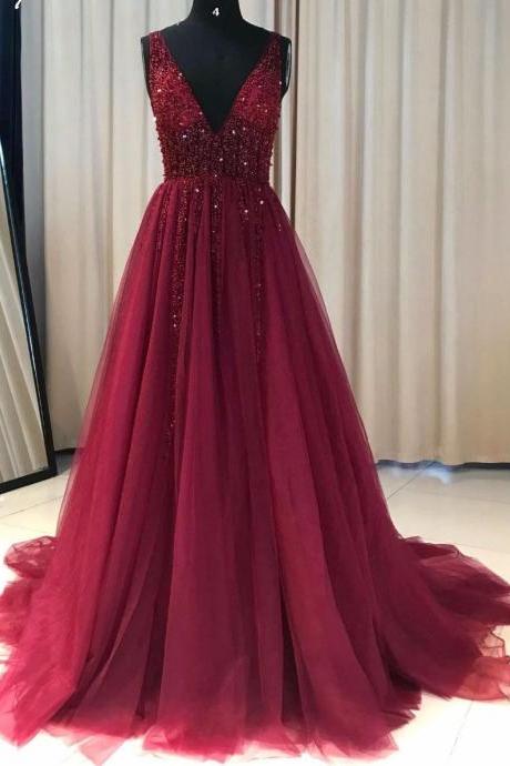 Red Beaded Prom Dress A-line Prom Dresses Evening Dress Ss562