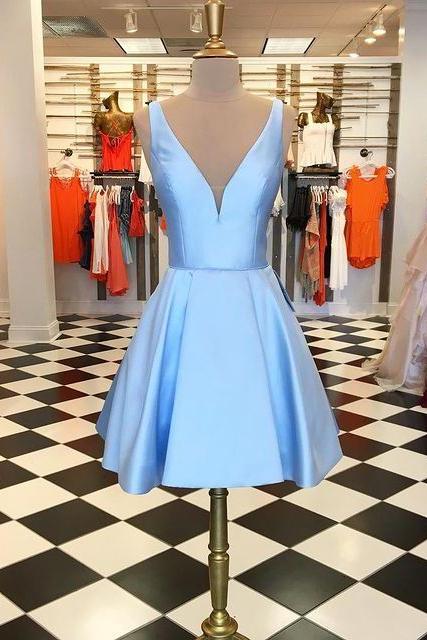 Blue V Neck Simple Short Prom Dresses,Homecoming Dress SS593