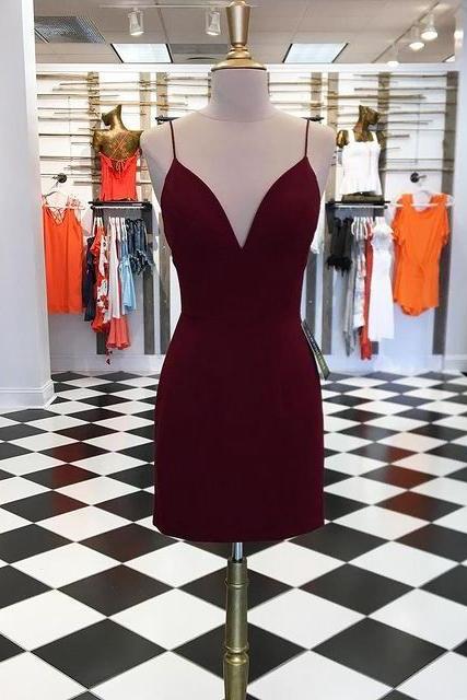 Simple Wine Red Strap Short Prom Dresses Homecoming Dress SS594