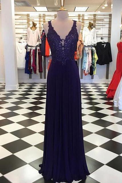 V-neck Long Prom Dresses with Appliques and Beading Evening Dress SS596