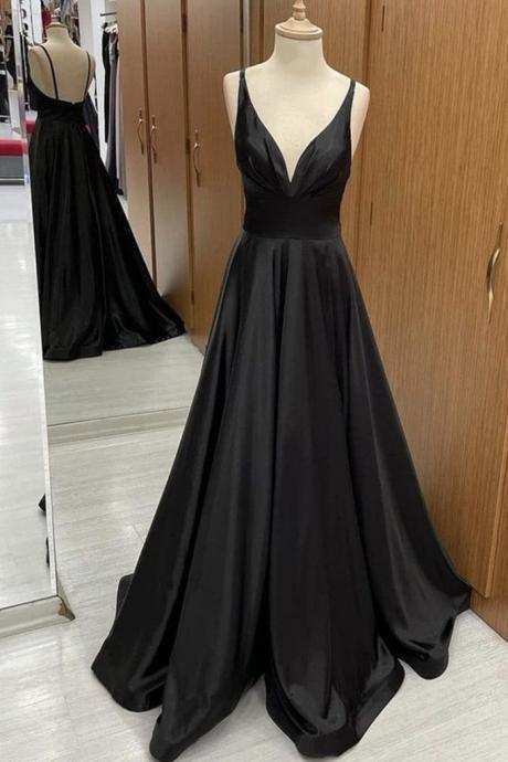 A Line V Neck Backless Black Evening Dress Long Prom Dresses Ss601