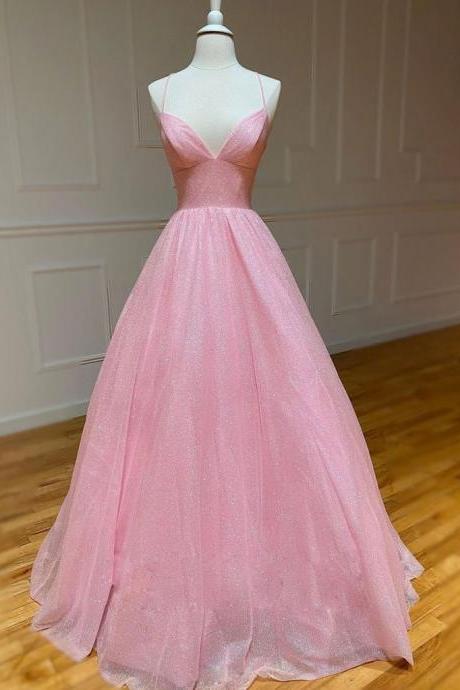 Pink A-line v neck tulle long prom dress evening dress SS604