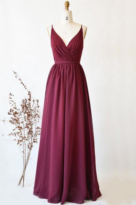 Simple Burgundy Chiffon Lace Long Prom Dress Hand Made Evening Dress Ss607
