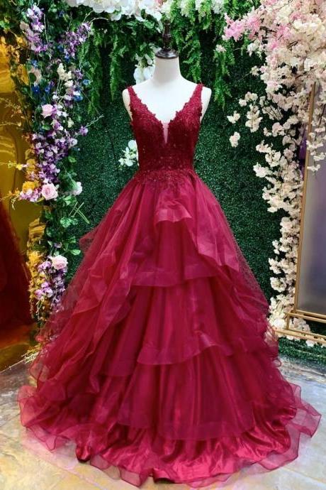 V Neck Tulle Lace Long Prom Dress Hand Made Burgundy Evening Dress Ss608