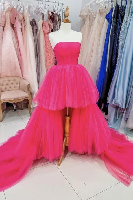 Pink Tulle High Low Hand Made Prom Dress Pink Evening Dress Ss610