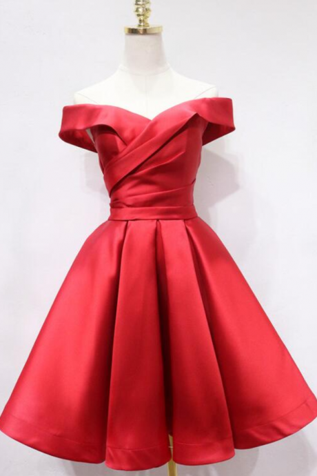Red Satin Off Shoulder Short Evening Party Dress Homecoming Dress Prom Dress SS613