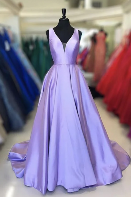 Purple V Neck Satin Long A Line Prom Party Dress Evening Dress Ss614